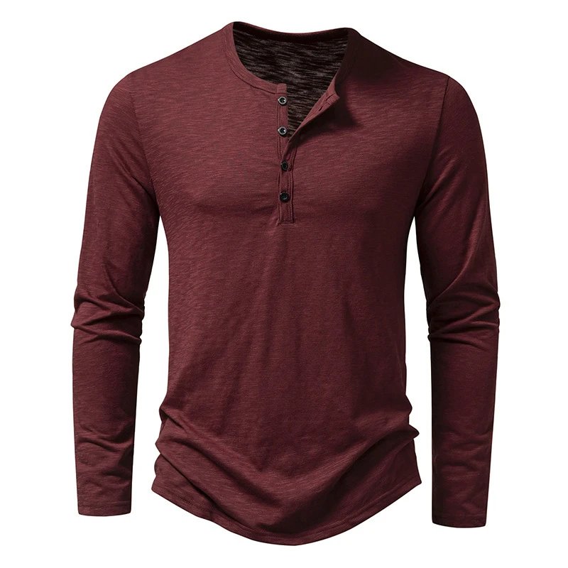 Men's Slim Fit Long Sleeve Henley Shirt with Curved Hem