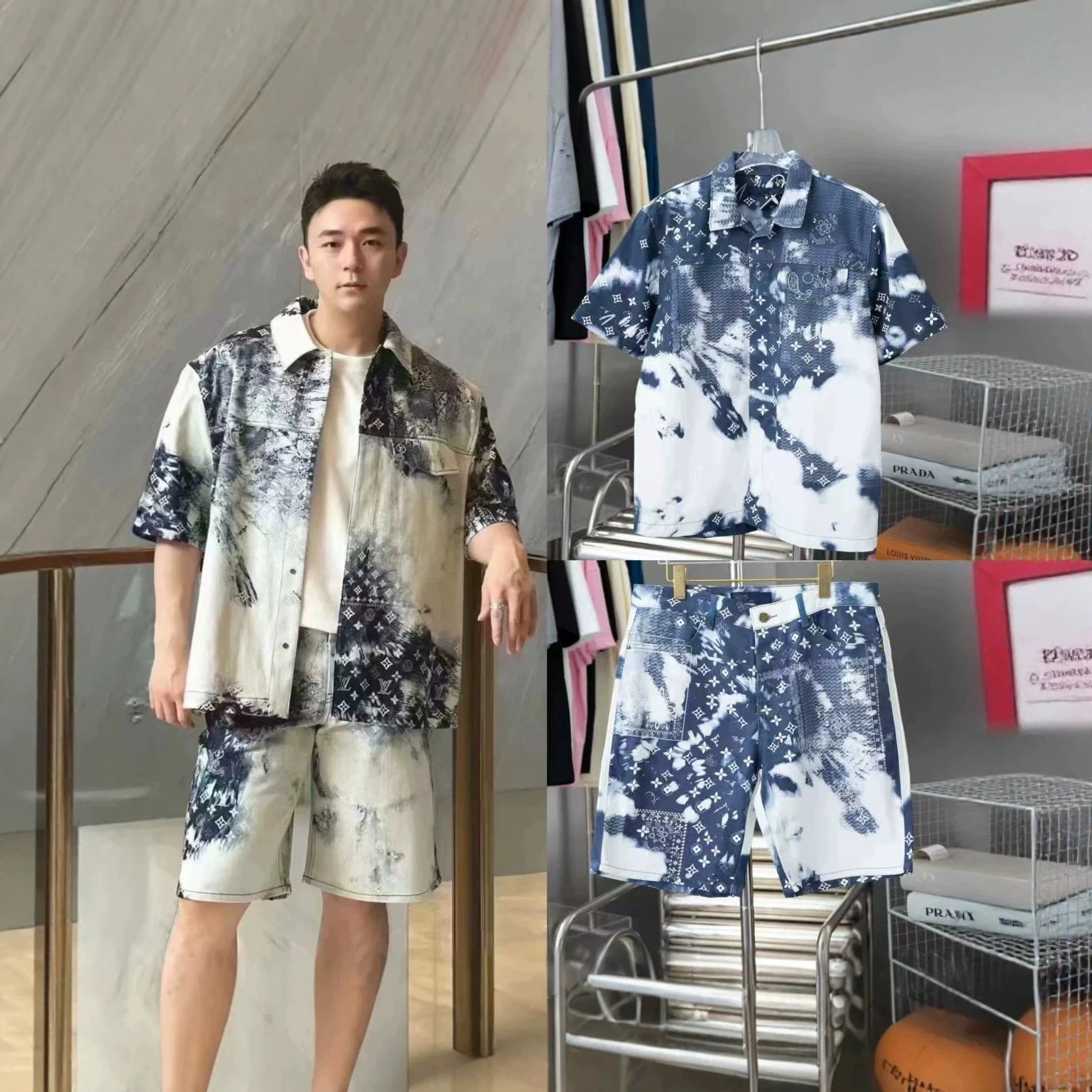Louis Vuitton Men's Blue and White Tie-Dye Monogram Shirt and Shorts Set