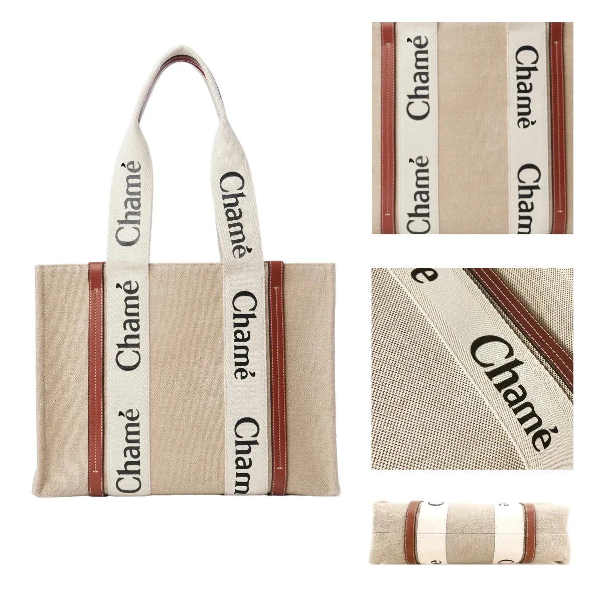 Beige Canvas Tote Bag with Cham&egrave; Logo Straps and Brown Trim