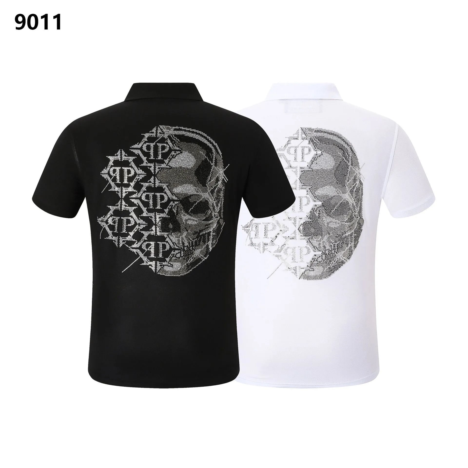 Men's Short Sleeve Polo Shirt with Rhinestone Skull Back Graphic