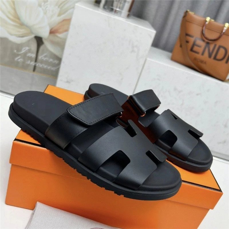 Herm&egrave;s Black Leather H-Strap Oran Slide Sandal with Velcro