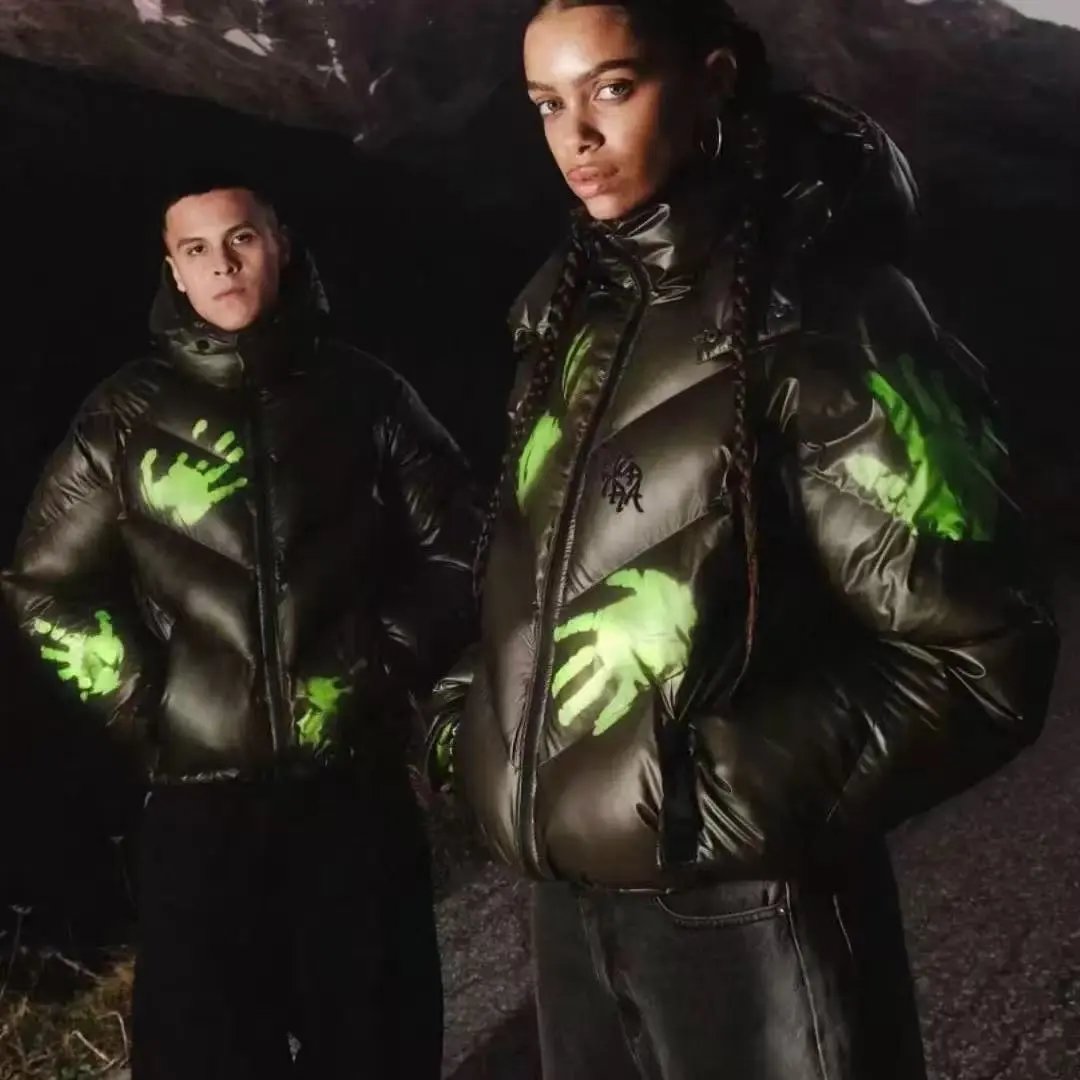 M.ertra Black Glossy Hooded Puffer Jacket with Green Handprint