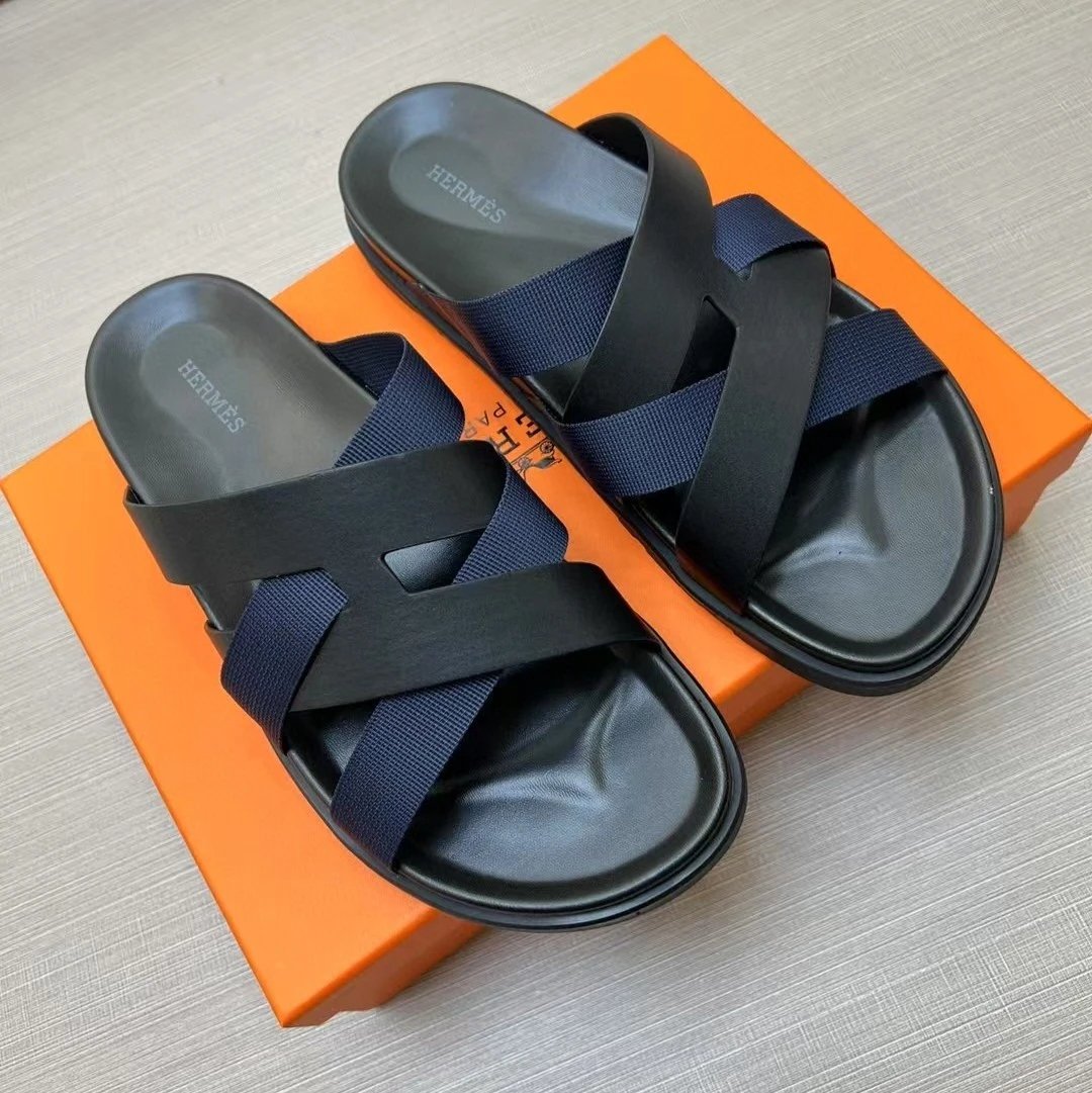 Herm&egrave;s Black Leather and Webbing H-Strap Slide Sandals
