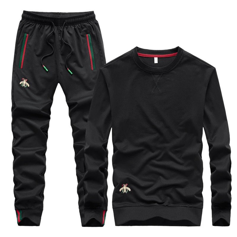 Men's Crewneck Sweatshirt and Jogger Pants Tracksuit Set with Bee Embroidery