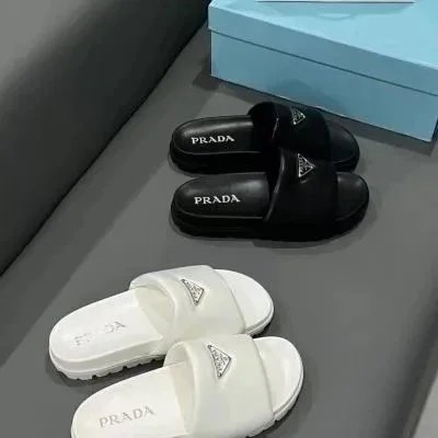 Prada Prada Logo Slide Sandals in Black and White Black