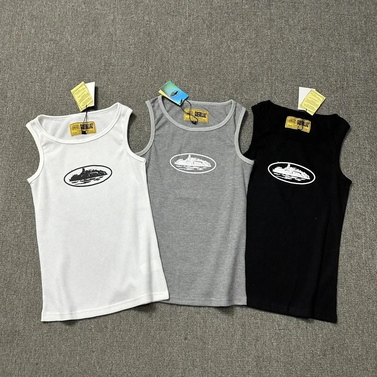 Guerillaz Ribbed Tank Top Black White Navy Gray Multi Color Graphic Casual