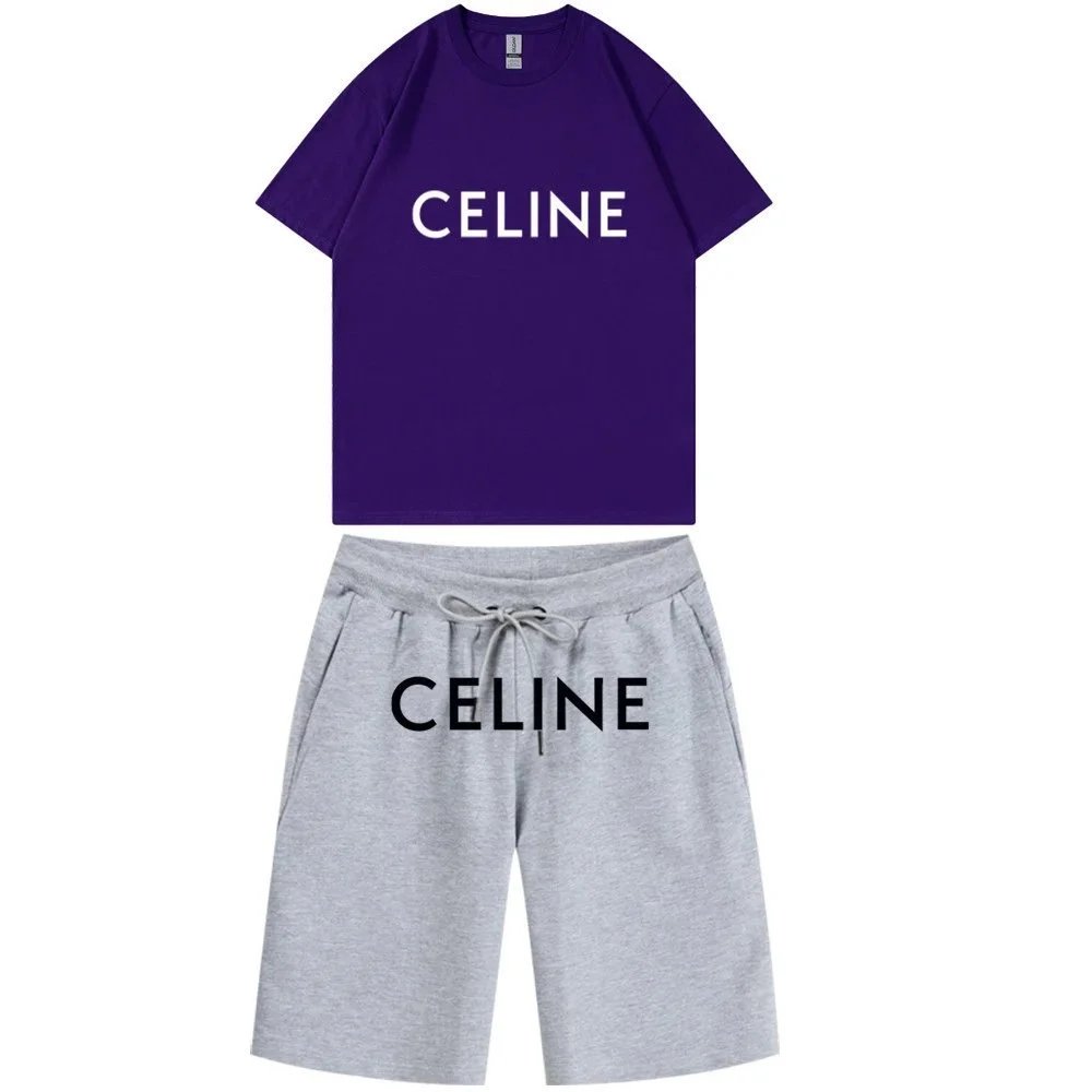 Celine Celine Tracksuit Set - Purple T-Shirt & Grey Shorts Purple