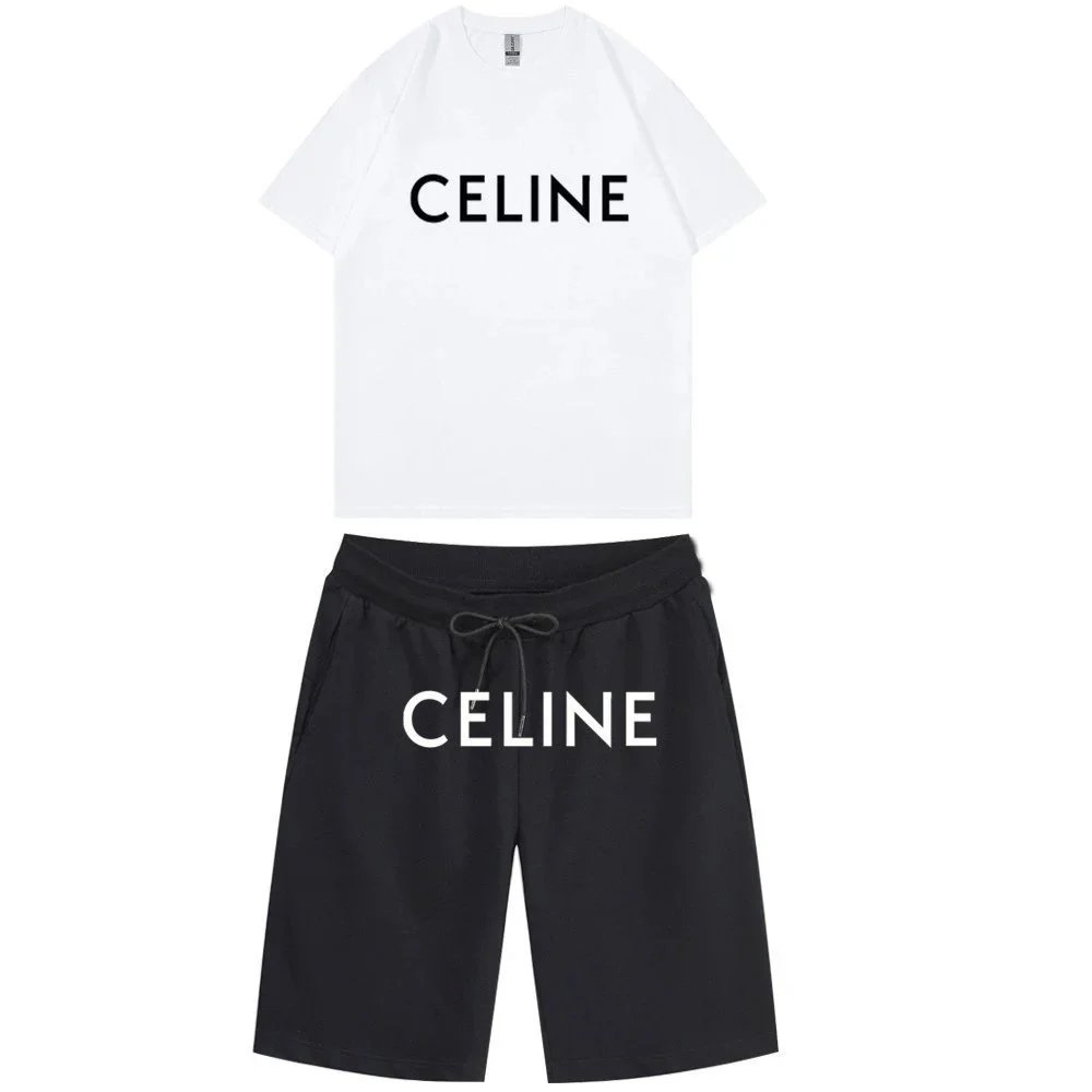 Celine Logo Print White Black Gray Navy Casual Two Piece Set