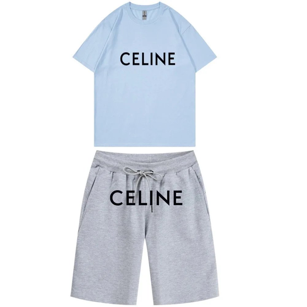 Celine Celine Co-ord Set - Light Blue Top & Grey Shorts Blue