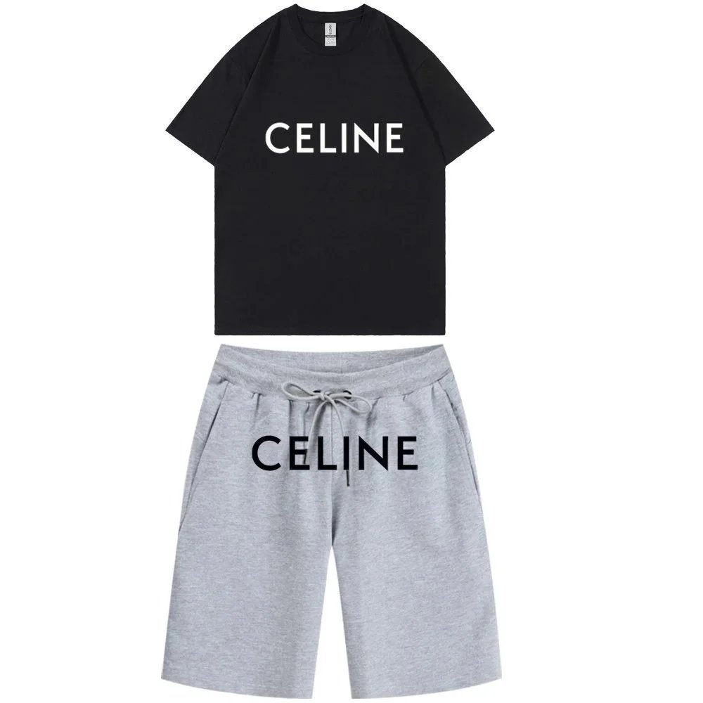 Celine Logo Print White Black Gray Navy Casual Two Piece Set