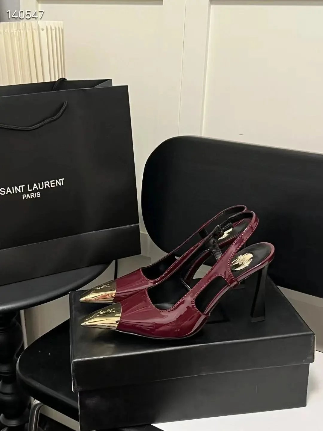 Saint Laurent Wine Red Slingback Heels with Gold Tip Red