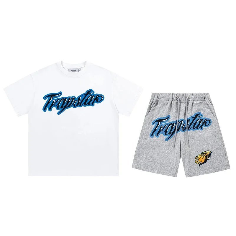 Trapstar Trapstar Co-ord Set - White Top with Blue Script and Grey Shorts White