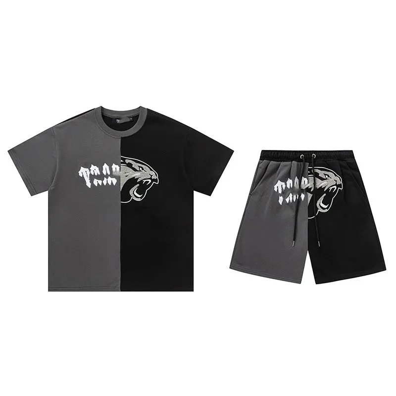 Split Color Graphic T-Shirt and Shorts Set Black