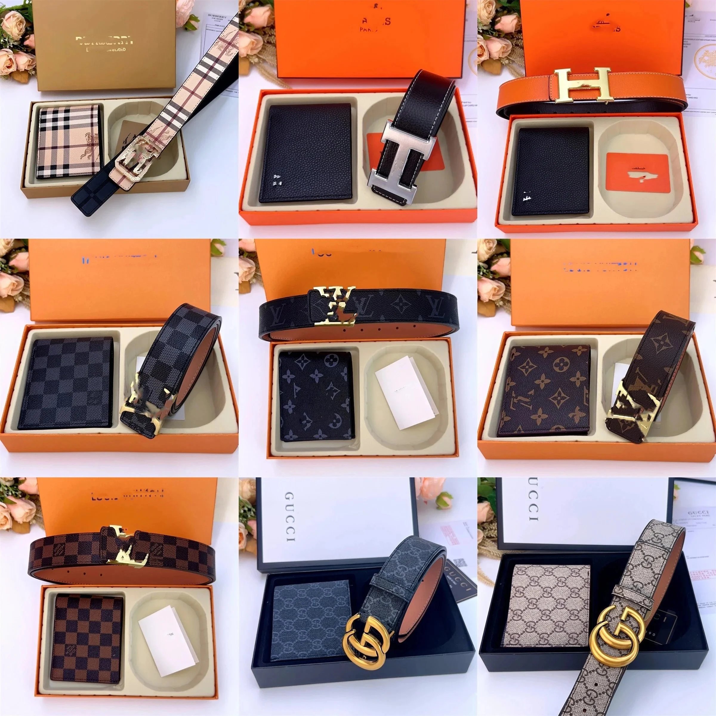 Luxury Brand Belt and Wallet Sets in Various Styles and Colors