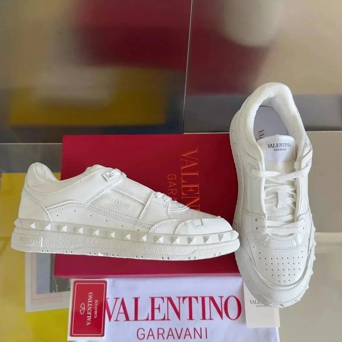 Valentino Garavani Rockstud Denim-Paneled White and Light Blue Sneakers - 10