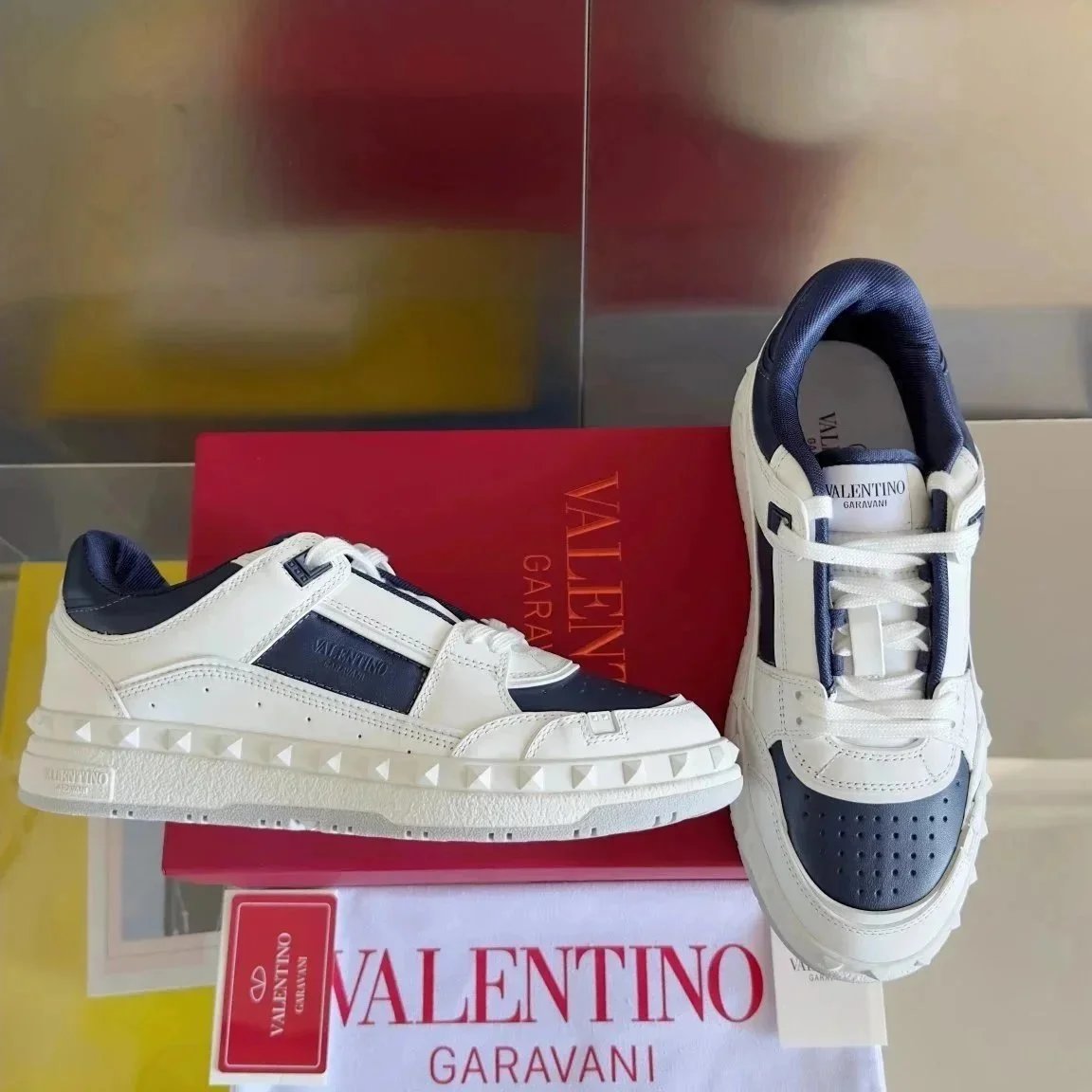 Valentino Garavani Rockstud Denim-Paneled White and Light Blue Sneakers - 5