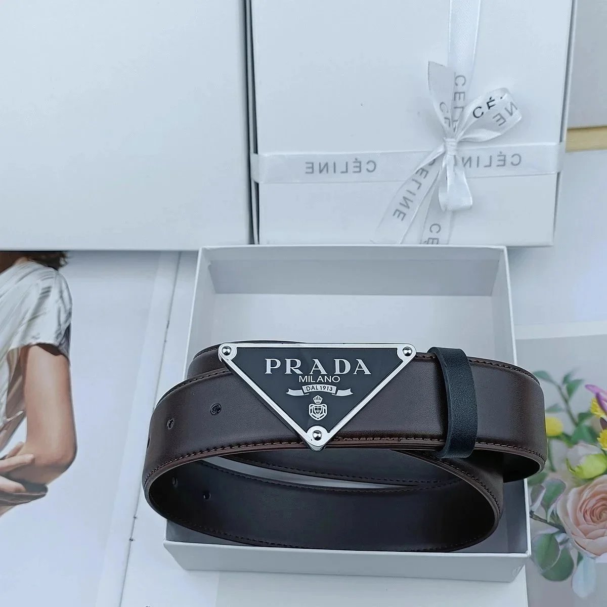 3.8 triangle silver buckle plain brown