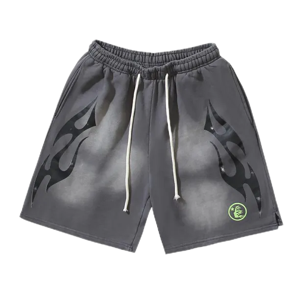 Flame Print Drawstring Shorts Gray - 1