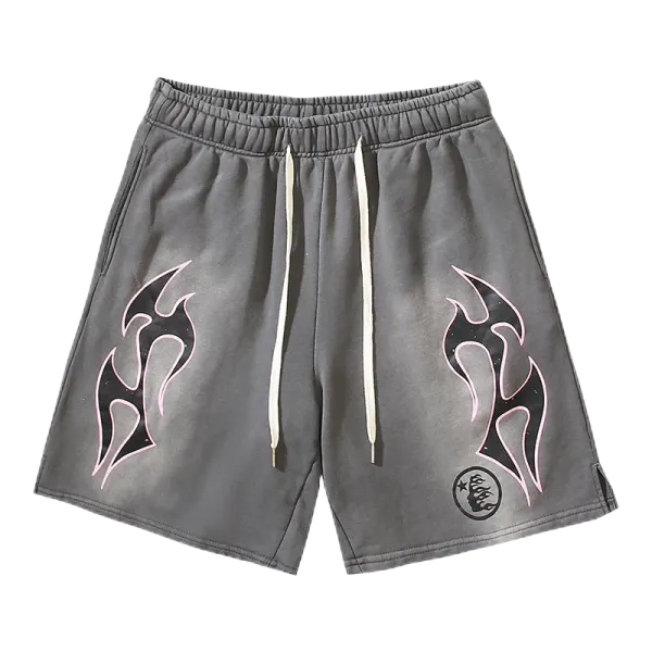 Design Flame Print Drawstring Shorts Gray - 1