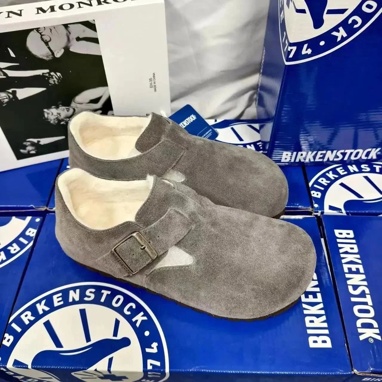 Birkenstock Birkenstock Boston Leather Slip-On Shoes - Deep Grey with Fleece Lining Grey