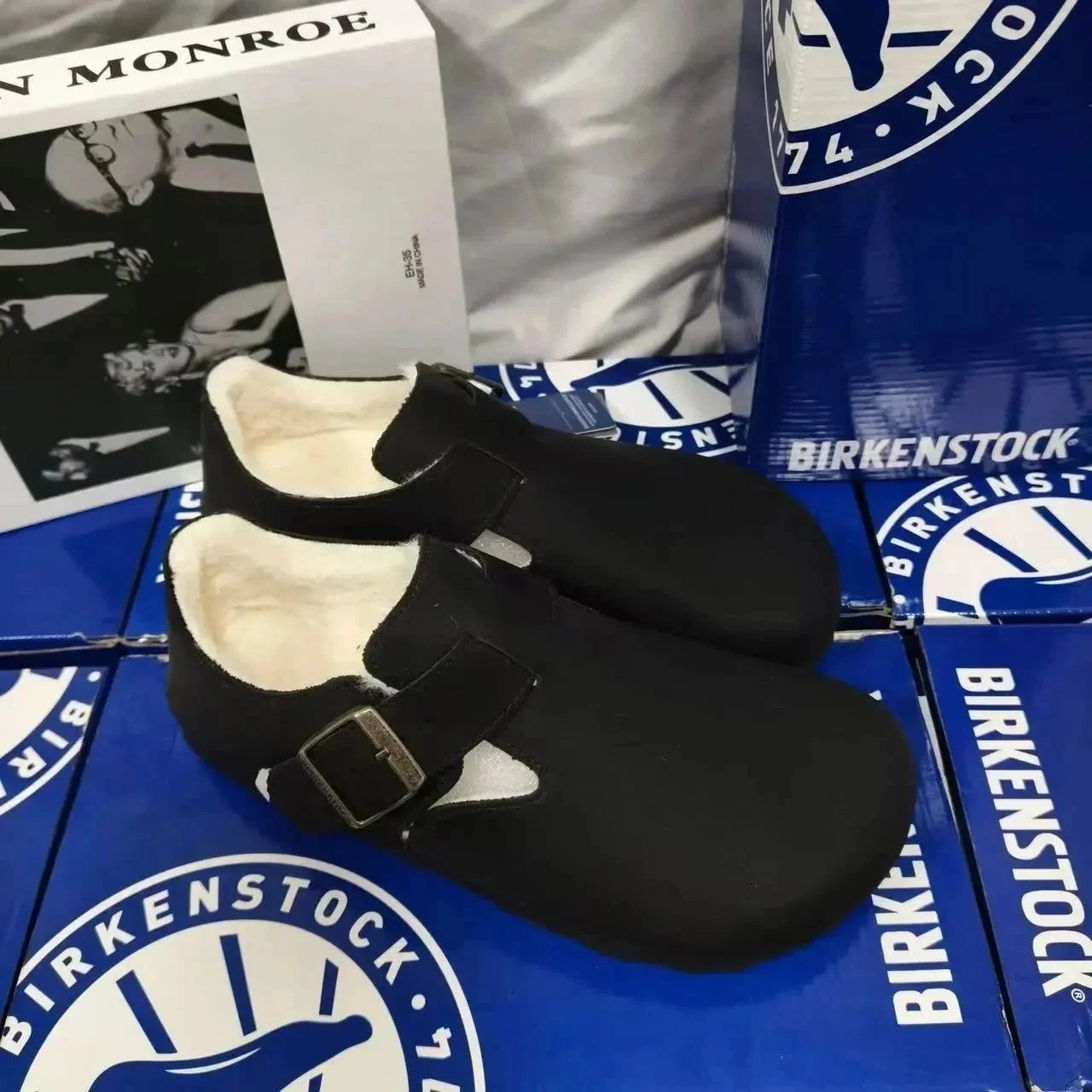 Birkenstock Birkenstock Boston Leather Slip-On Shoes - Black with Fleece Lining Black