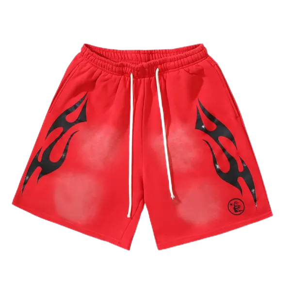 Design Flame Print Drawstring Shorts Red - 1