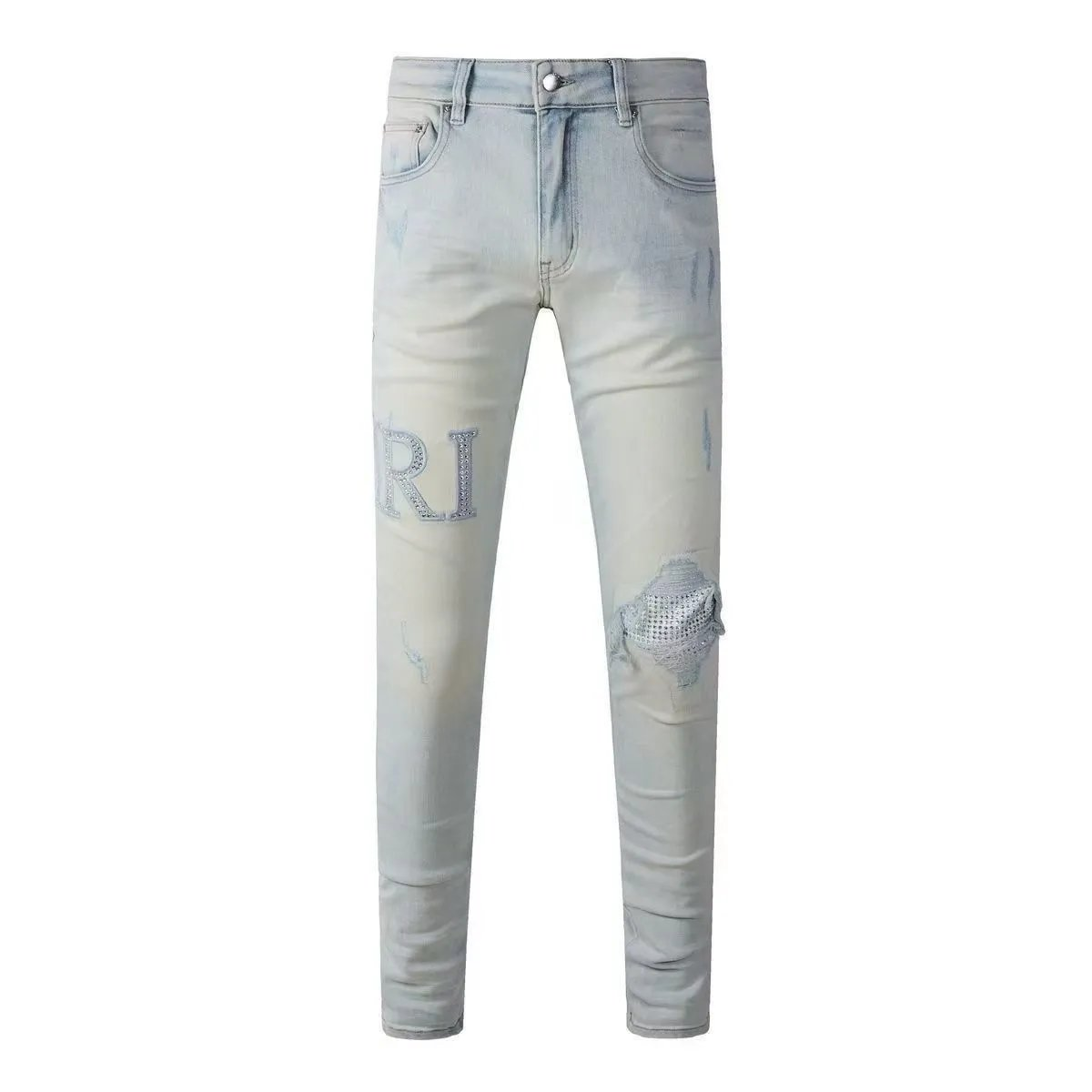 Amiri Amiri Light Blue Distressed Jeans with Rhinestone Embroidery Blue