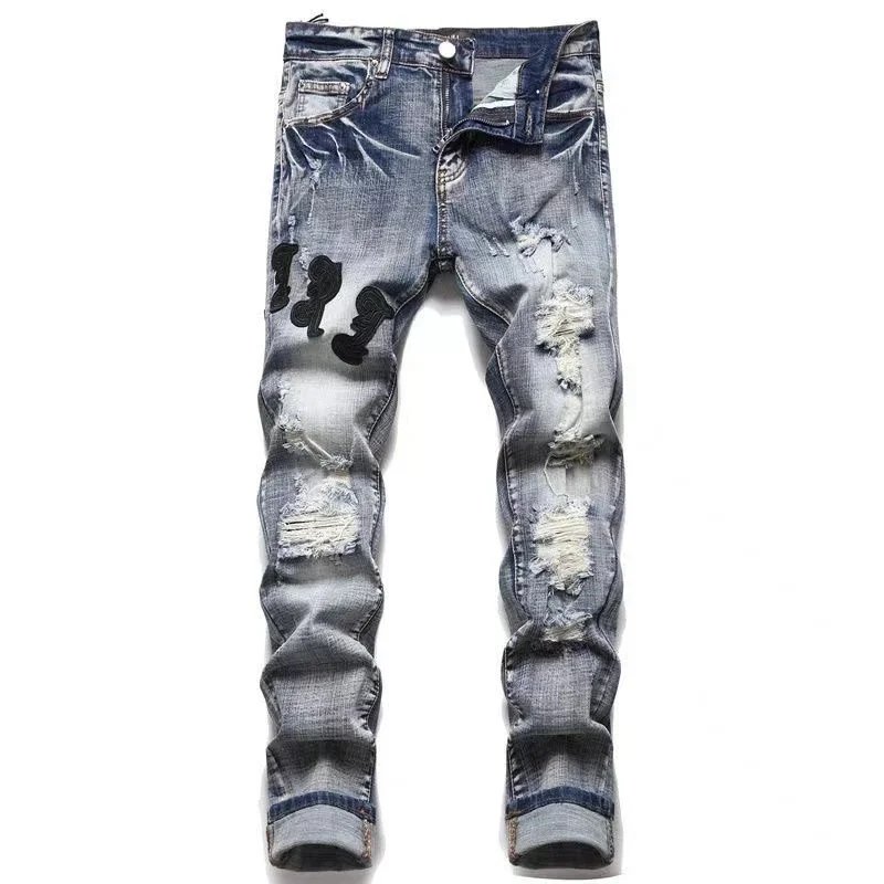 Design Embellished Cross Motif Ripped Black Jeans - 7