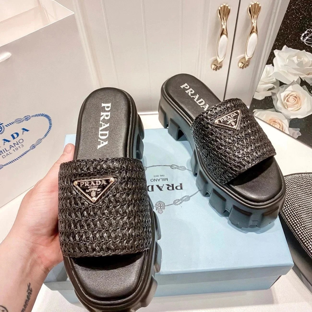 Prada Sandals Woven lug-sole slingback — p40