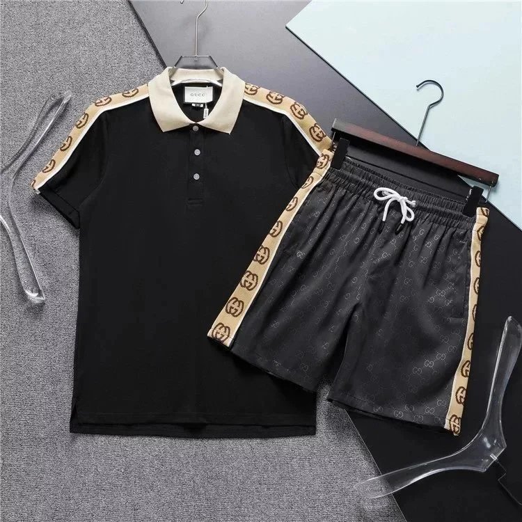 Gucci Monogram Stripe Shorts & Polo Shirt Set Black