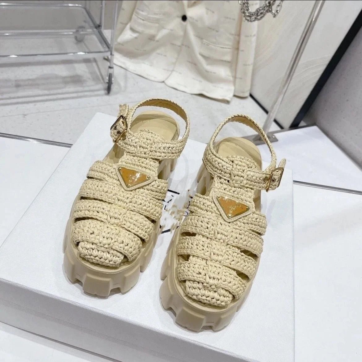 Prada Sandals Woven lug-sole slingback — P01