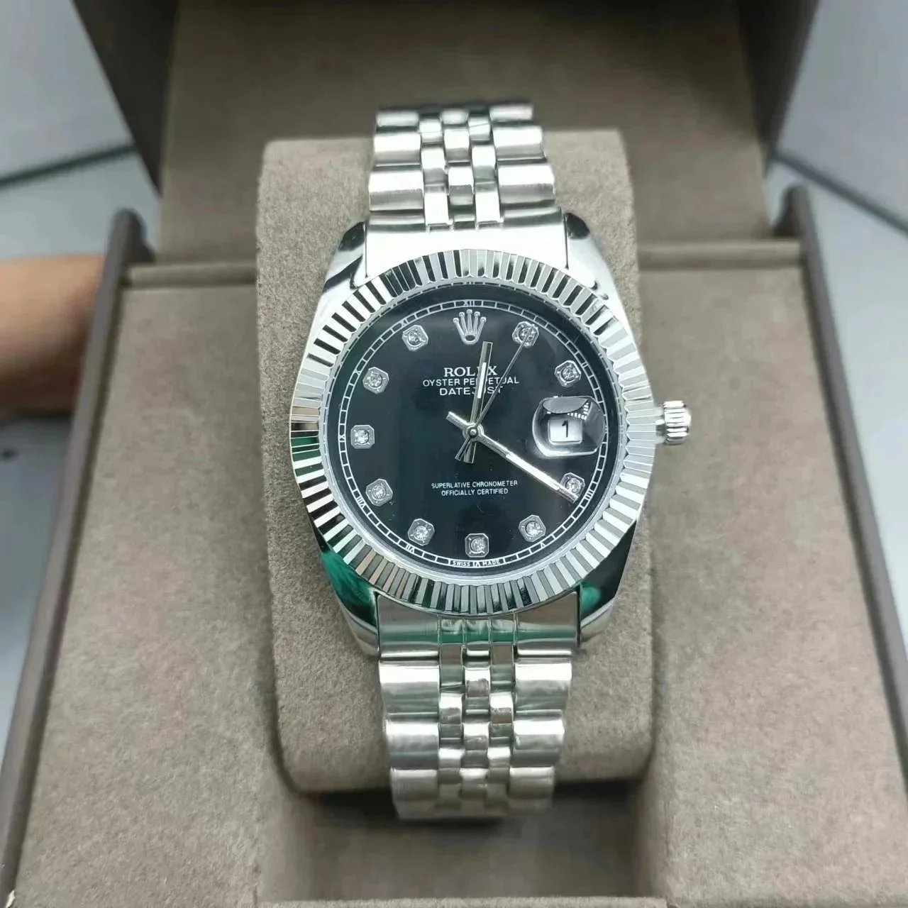 Rolex Oyster Perpetual Datejust Black Dial Diamond Hour Markers Steel Watch