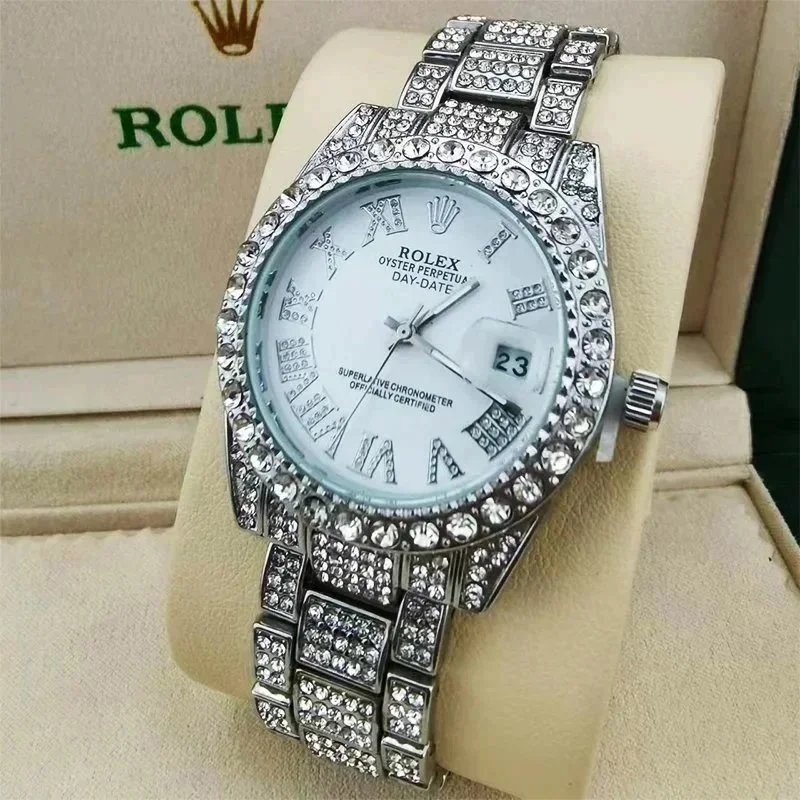 Rolex Oyster Perpetua Day-Date Crystal-Encrusted Silver Watch