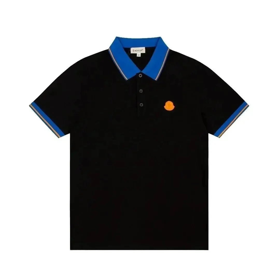 Moncler Polo Black with Blue Collar and Orange Logo - 1