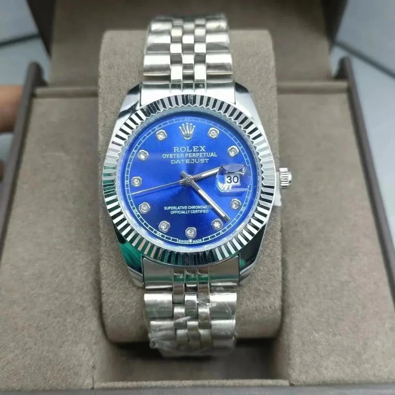 Rolex Oyster Perpetual Datejust Blue Dial Diamond Hour Markers Mechanical Watch