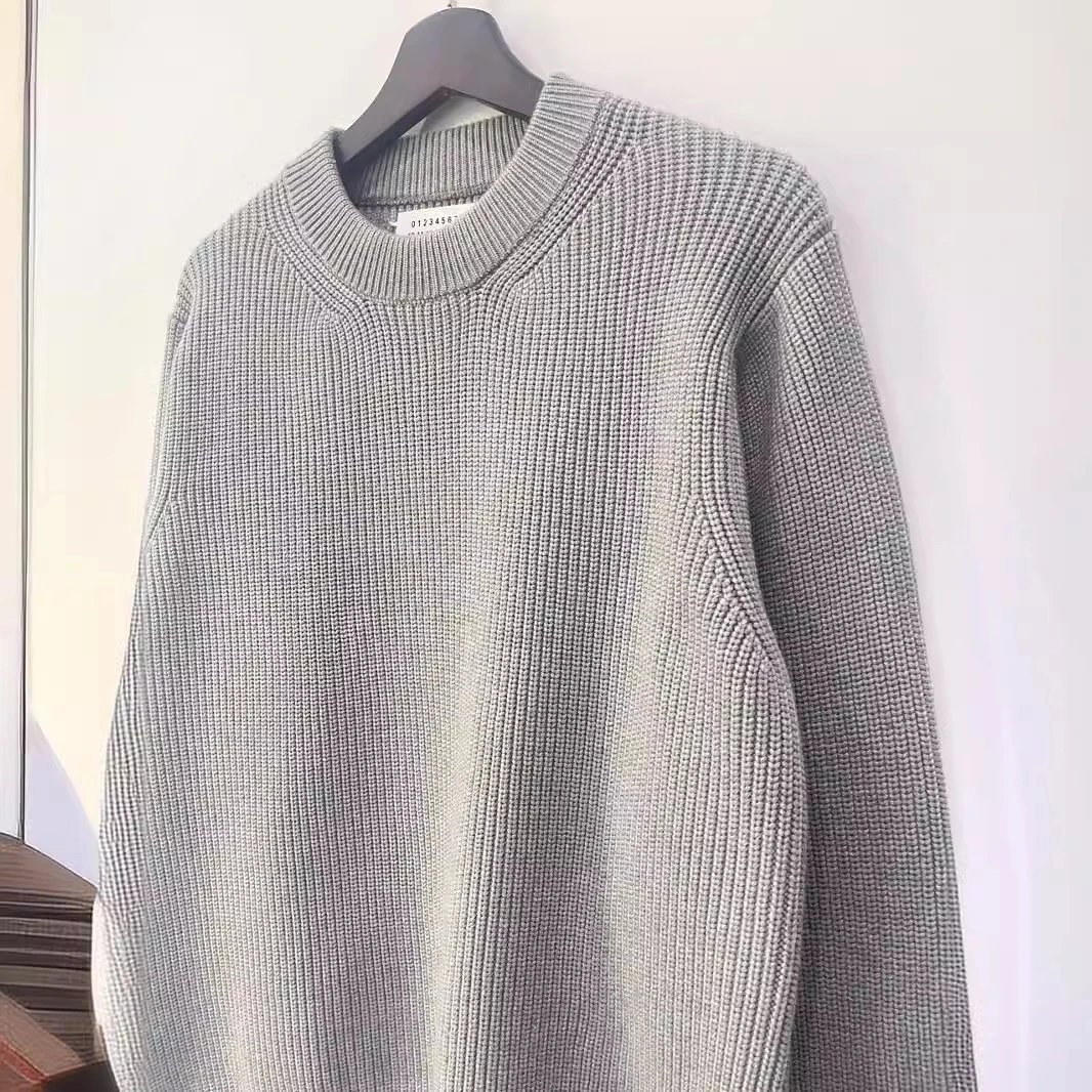 Four corner stitching style L solid color four corner logo round neck knitted sweater men's pullover sweater