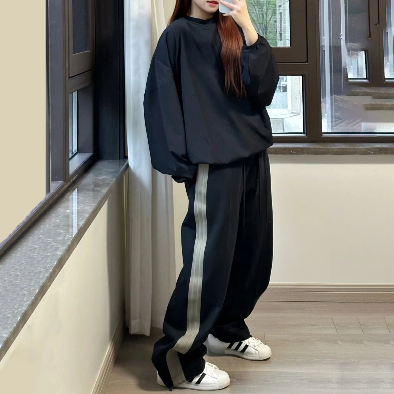 Black Graphic Hoodie Black Track Pants with Beige Stripes Casual Streetwear