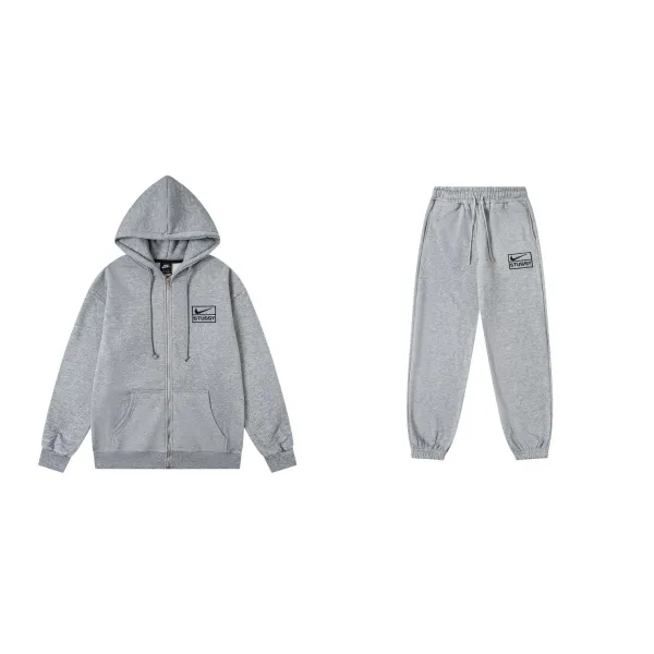 Nike x Stussy Logo Patch Full-Zip Hoodie and Sweatpants Set Gray - 1
