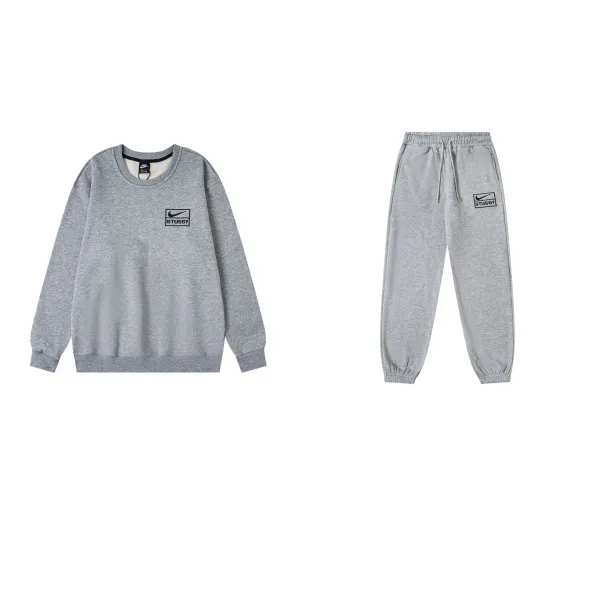 Nike x Stussy Logo Box Crewneck Sweatshirt and Joggers Set Gray - 1
