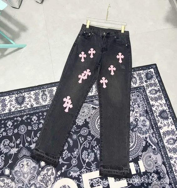 Chrome Hearts x Custom Cross-Embroidered Light Wash Jeans - 37