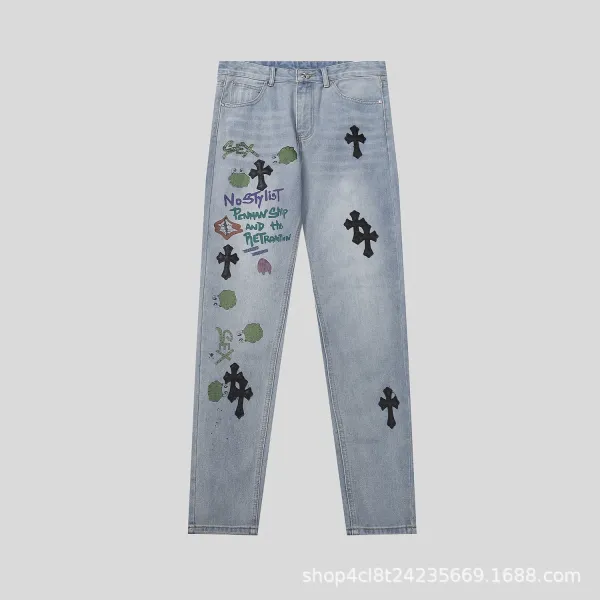 Chrome Hearts x Custom Cross-Embroidered Light Wash Jeans - 26