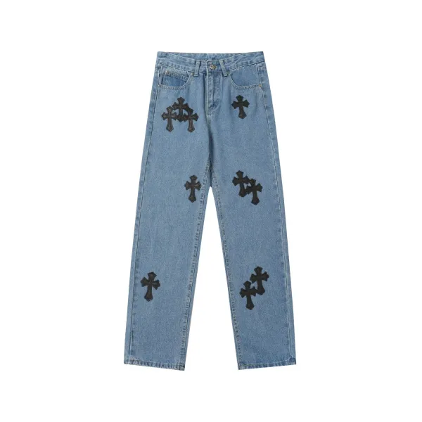 Chrome Hearts x Custom Cross-Embroidered Light Wash Jeans - 34