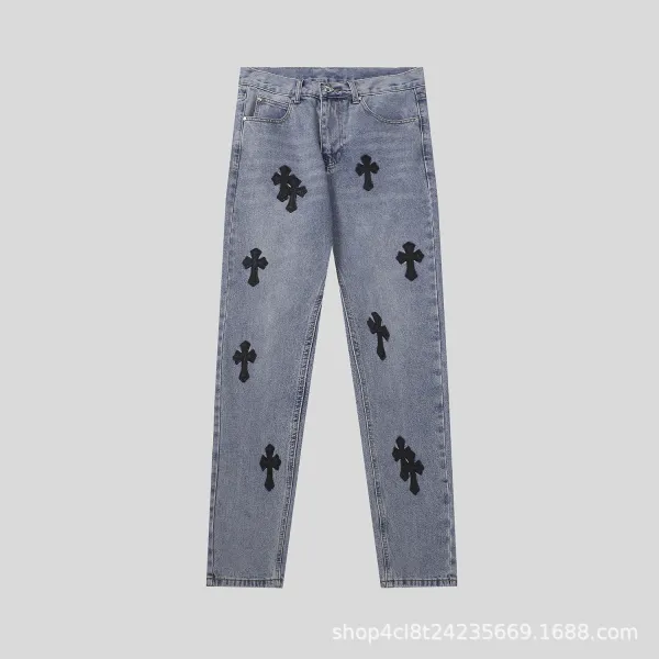 Chrome Hearts x Custom Cross-Embroidered Light Wash Jeans - 25