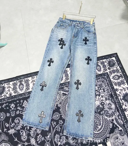 Chrome Hearts x Custom Cross-Embroidered Light Wash Jeans - 35