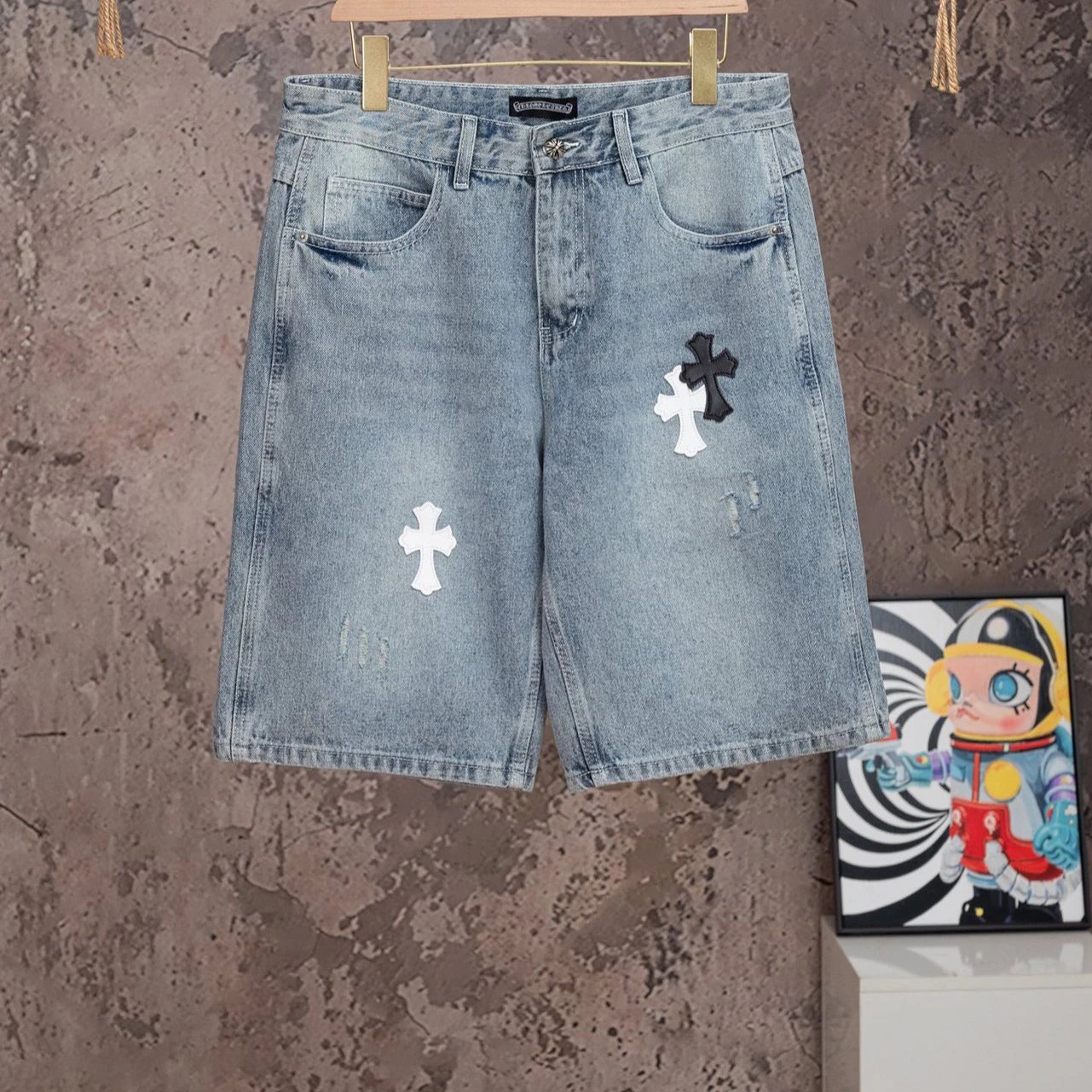 Distressed Cross Print Denim Jeans