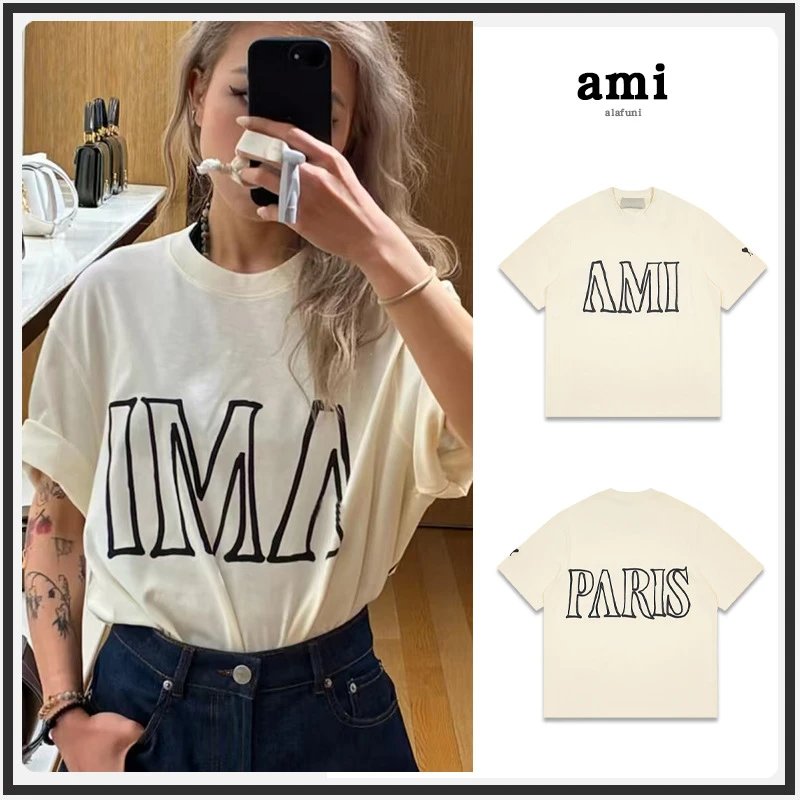 Ami Paris Cream Graphic Print Oversized T-Shirt