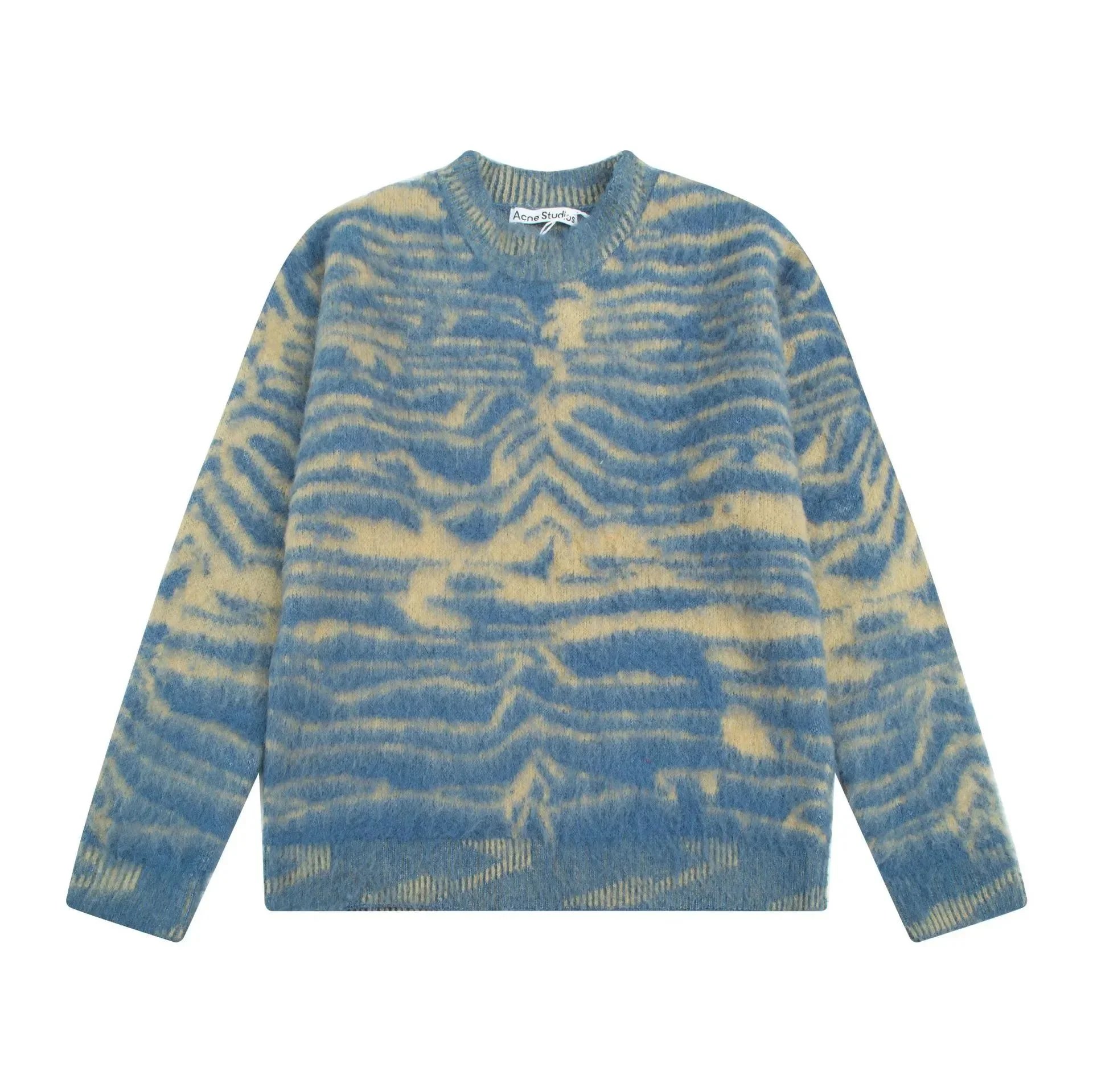 Acne Studios Mohair Blend Crewneck Sweater, Blue Beige Abstract Knit, Unisex 1