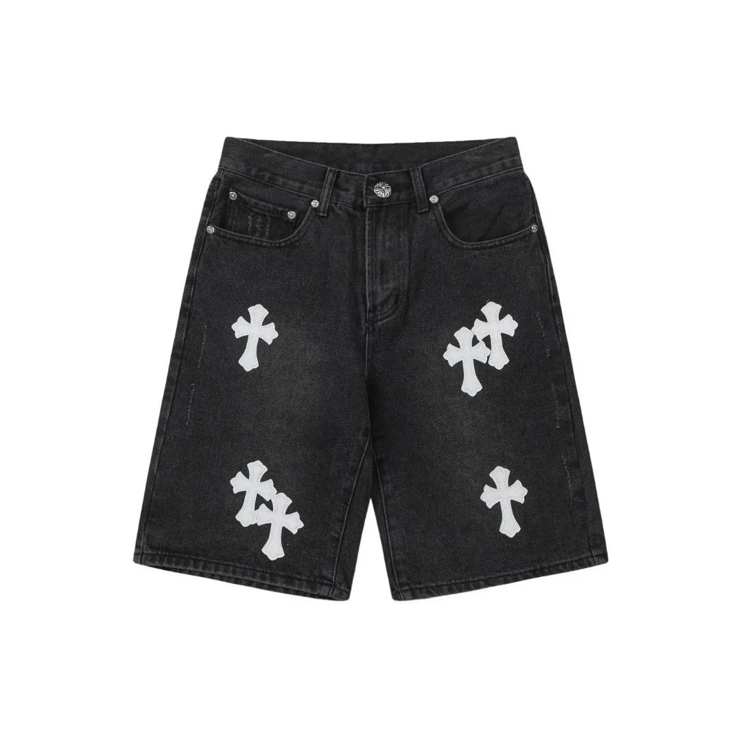 Denim Shorts Black Light Blue Distressed Cross Embroidered Streetwear