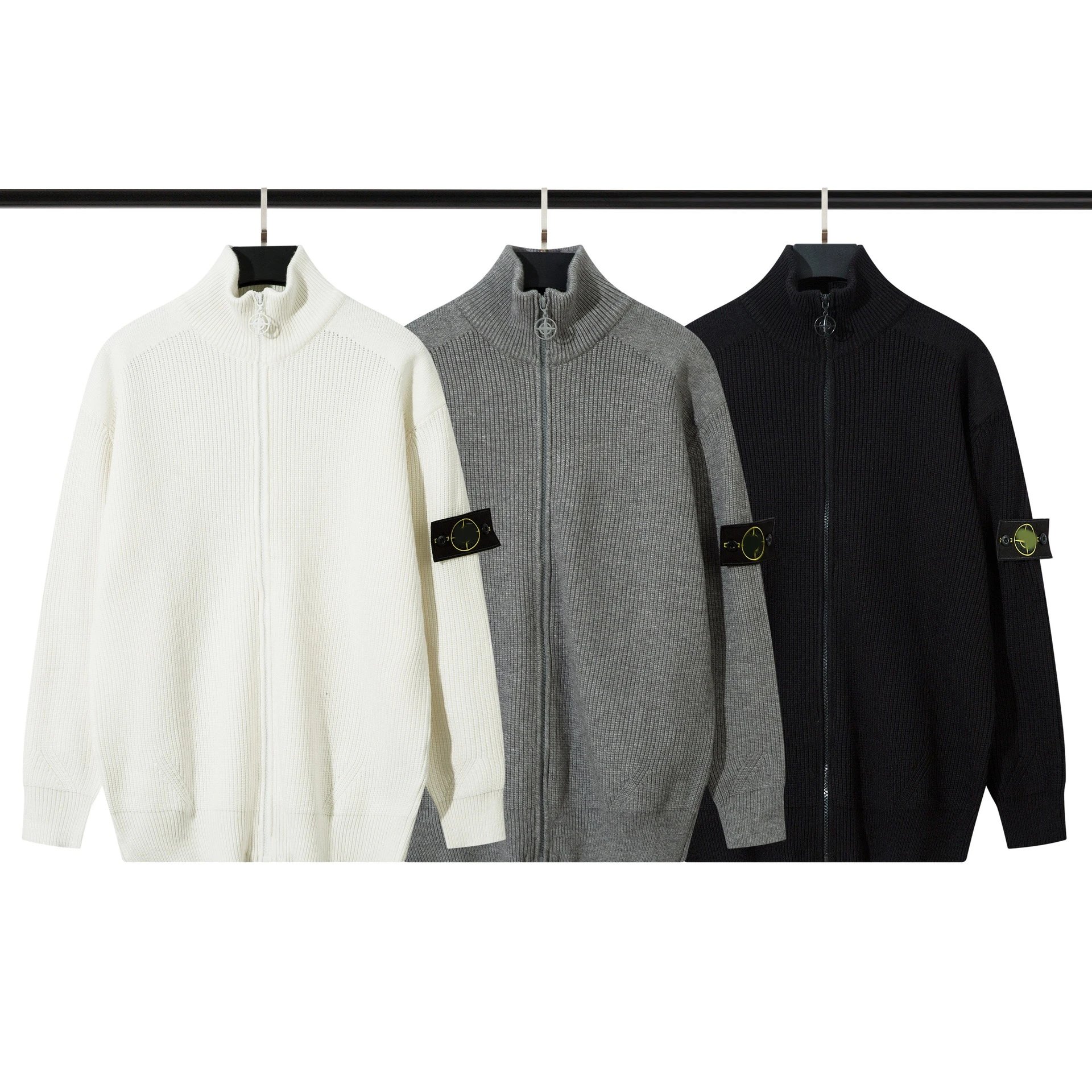 Stone Zipper Open Front Stand Collar Badge Tech Knit Sweater, Men's & Women's Autumn Winter