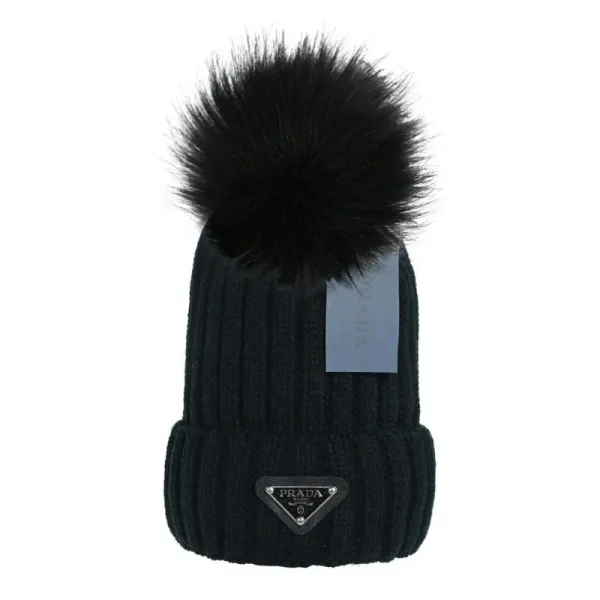 Prada Ribbed Knit Beanie with Fox Fur Pom-Pom Black - 1